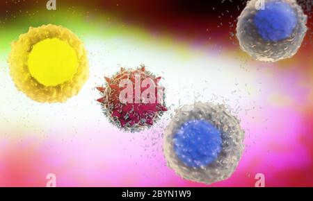 3d illustration of very closely observed white blood cells,called leukocytes secluding antibodies destroying allergen in the human body Stock Photo