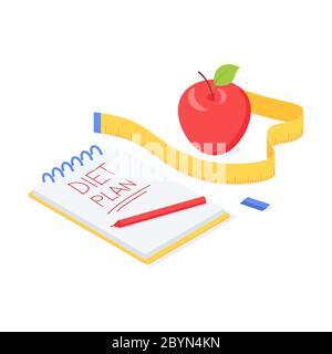 Diet plan isometric vector illustration with red ripe apple, measuring tape and notepad with sign. Stock Vector
