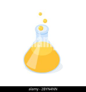 Chemical flask with yellow liquid and bulbes isometric vector illustration. Stock Vector