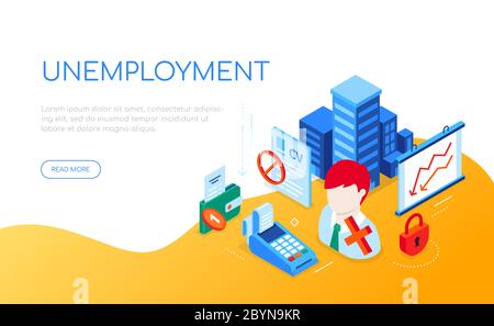 Unemployment and crisis - modern colorful isometric web banner Stock Vector