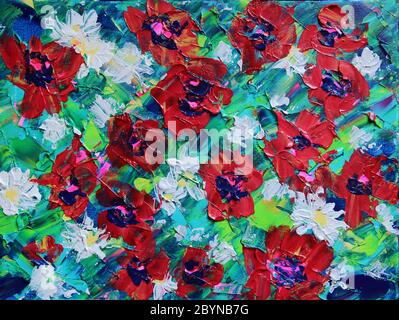 Original Art painting with red and white flowers. Stock Photo