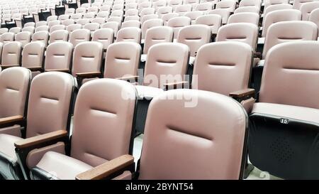 row of empty chairs, seats in lecture hall Stock Photo