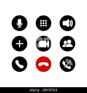 Mobile call buttons icons set flat. Phone, sound, microphone, camera, call symbols on isolated white background for applications, web, app. Set of Stock Vector