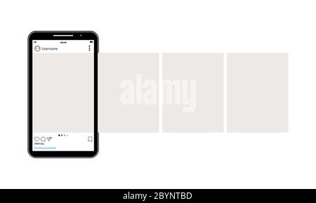 Social network messenger page template. Smartphone with social photo network interface. Mockup of the mobile app Mobile with open photo social network Stock Vector