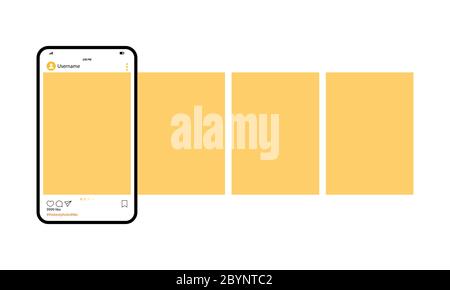 Social network messenger page template. Smartphone with social photo network interface. Mockup of the mobile app Mobile with open photo social network Stock Vector