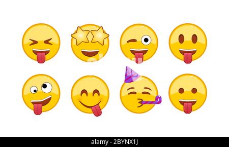 Funny, joyful, kind emoticon icon set. Smiley, emoticons. Facial expression on isolated white background. EPS 10 vector Stock Vector