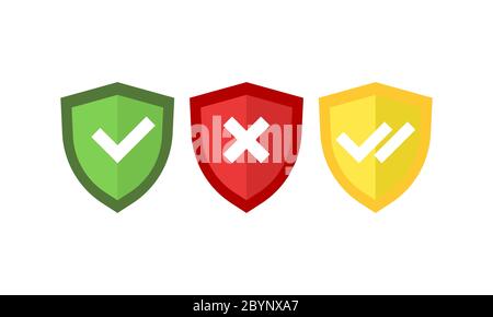 Shields and check marks icons set. Tick mark approved, checkmark double on isolated white background. EPS 10 vector. Protection, safety, security Stock Vector
