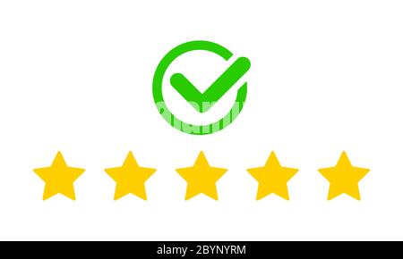Product ratings, five stars with check mark or golden star, quality rating, feedback, premium icon set flat logo in yellow on isolated white Stock Vector
