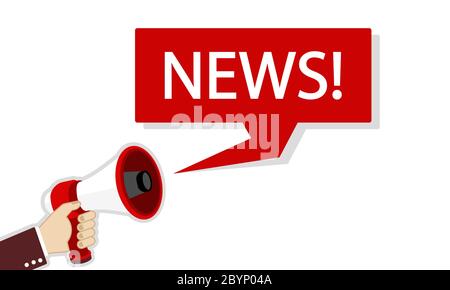 Hand holding a megaphone. News and speech bubble icon flat on isolated background. EPS 10 vector. Stock Vector