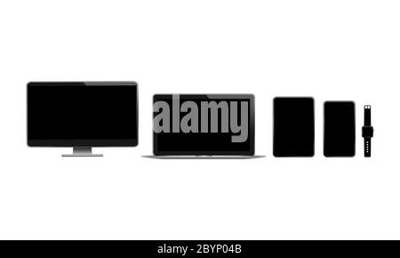 New device icon flat set. Smartphone, laptop, computer monitor, tablet and smart watch on isolated white background. EPS 10 vector. Stock Vector