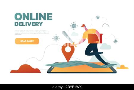 online delivery man wearing protection mask and gloves fighting with covid 19 to delivery order. online delivery jumping from mobile concept Stock Vector