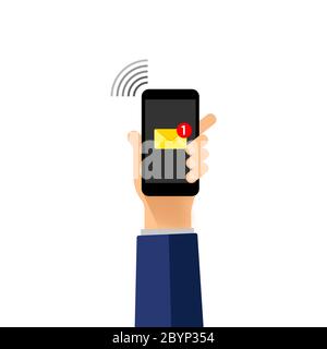 Hand holds a mobile phone on the screen envelope. New email notification on mobile phone. Smartphone screen with new unread email message. Vector on Stock Vector