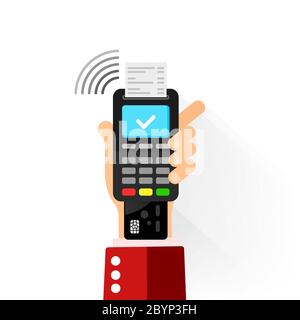 Hand holds POS terminal icon flat. Payment icon via NFC technology. Contactless card payment systems on isolated background. EPS 10 vector. Stock Vector