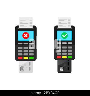 Card payment in progress, successful and unsuccessful payment. Credit card payment via POS terminal with tick and cross check marks on screen. Icon Stock Vector