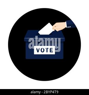 Vote. Hand putting paper in the ballot box. Voting concept in flat style on an isolated background. EPS 10 vector. Stock Vector