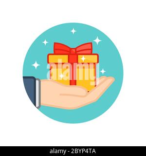Hand holding gift box decorated with a red bow on isolated white background. EPS 10 vector. Stock Vector