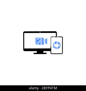 Blue camera icon. Conference video calls. Laptop, monitor and tablet icon on isolated background. Eps 10 vector. Stock Vector