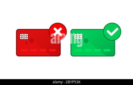 Credit cards with approved and rejected. Transaction symbol. Bank card icon flat on isolated white background. EPS 10 vector. Payment concept. Stock Vector