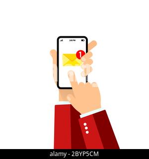 Hand holds a mobile phone on the screen envelope. New email notification on mobile phone. Smartphone screen with new unread email message. Vector on Stock Vector