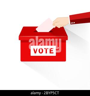 Hand putting paper in the ballot box. Voting concept in flat style on an isolated background. EPS 10 vector. Stock Vector