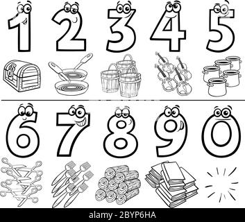 Black and White Cartoon Illustration of Educational Numbers Set from One to Nine with different Objects Coloring Book Page Stock Vector