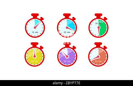 Timer, stopwatch, chronometer, time, clock icon flat. Countdown 10, 20, 30, 40, 50, 60 minutes on an isolated white background. EPS 10 vector. Stock Vector