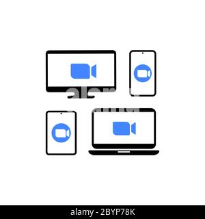 Blue camera icon. Devices with a video call. Monitor, tablet, smartphone, laptop, camera icon on isolated white background. EPS 10 vector Stock Vector