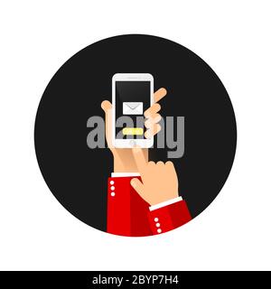 Hand holds a mobile phone on the screen envelope with button send.Vector on isolated white background. EPS 10. Stock Vector