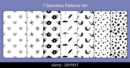 Set of 7 monochrome seamless patterns with hand drawn doodle flowers, birds, hearts. Stock vector Stock Vector
