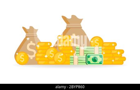 Money, banknote, stack of coins or dollar bill icon flat on isolated white background. EPS 10 vector. Stock Vector