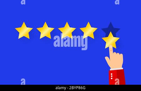 Pointing hand and five stars. Customer reviews, user feedback concept. EPS 10 vector Stock Vector