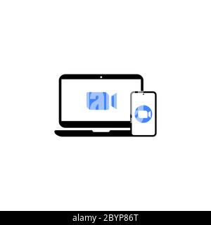 Blue camera icon. Conference video calls. Laptop and smartphone, mobile icon on isolated background. Eps 10 vector. Stock Vector