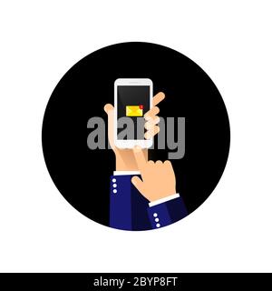 Hand holds a mobile phone on the screen envelope. Vector on isolated white background. EPS 10. Stock Vector