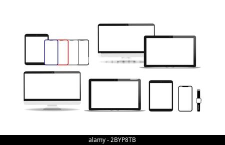 New device realistic icon flat set. Smartphone, laptop, computer monitor, tablet and smart watch on isolated white background. EPS 10 vector. Stock Vector