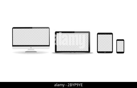 New device realistic icon flat set. Smartphone, laptop, computer monitor, tablet and smart watch on isolated white background. EPS 10 vector. Stock Vector
