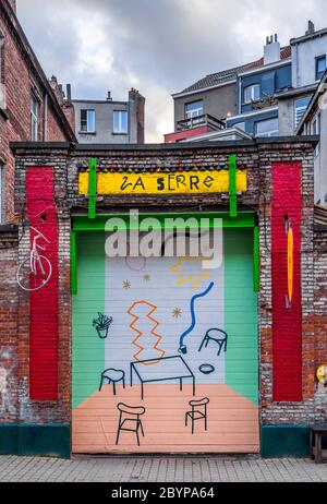 Painted garage door in Brussels, Belgium. Stock Photo