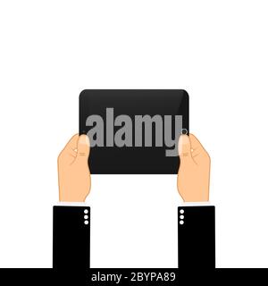Hands holding tablet computer with blank screen. Flat design concept on isolated background. Eps 10 vector. Stock Vector