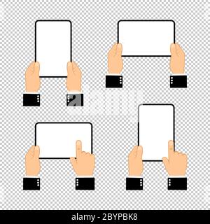 Hands holding tablet computer with blank screen. Flat design concept on isolated background. Eps 10 vector. Business concept Stock Vector