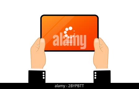 Hands holding tablet computer with software update. Downloading data concept. Vector on isolated white background. Eps 10 Stock Vector