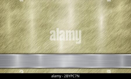 Background consisting of a golden shiny metallic surface and one horizontal polished silver plate located below, with a metal texture, glares and burn Stock Photo