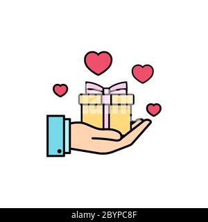 Gift box with red heart icon flat. Love stories symbol. Valentines day concept. Vector on isolated white background. Eps 10 vector Stock Vector
