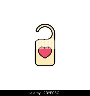 Hotel door label with red heart icon flat. Do not disturb. Love stories symbol. Valentines day concept. Vector on isolated white background. Eps 10. Stock Vector