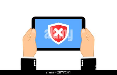 Hands holding tablet computer with check mark cross X in the red shield . Flat design on isolated background. Eps 10 vector. Business, protection Stock Vector