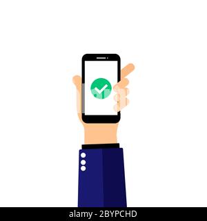 Hand holds smartphone with green checkmark icon on mobile screen. Task complete concept. EPS 10 vector. Stock Vector