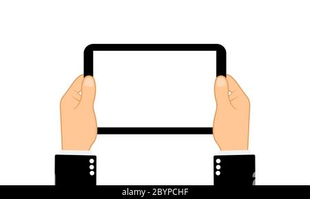 Hands holding tablet computer with blank screen. Flat design concept on isolated background. Eps 10 vector. Business concept Stock Vector
