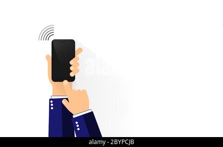 Hand holding realistic mobile phone with blank screen. Modern digital device mock up. Good for sale banner, special offer flayer. Eps 10 vector Stock Vector