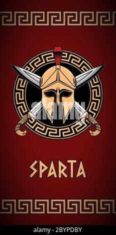 Greek helmet with crossed swords. Greek ornament. Vector concept art. Stock Vector