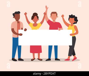 Multiracial activists holding a protesting banner with blank space for adding your slogan. Human rights concept. Tolerance and no racism concept. Stock Vector