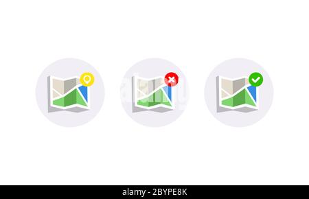 Map with pin, wrong and right check marks. location icon on isolated white background. Eps 10 vector Stock Vector