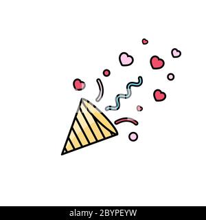 Confetti, cap, hearts icon flat. Love stories symbol. Valentines day concept. Vector on isolated white background. Eps 10 Stock Vector